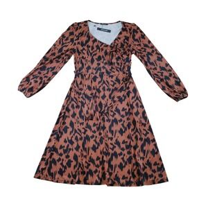 HUSKARY Womens Leopard Print Wrap Midi Dress Long Sleeve Brown Black Size M